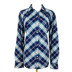Kim Rogers Plaid Button Down Shirt Small Navy Blue Aqua White